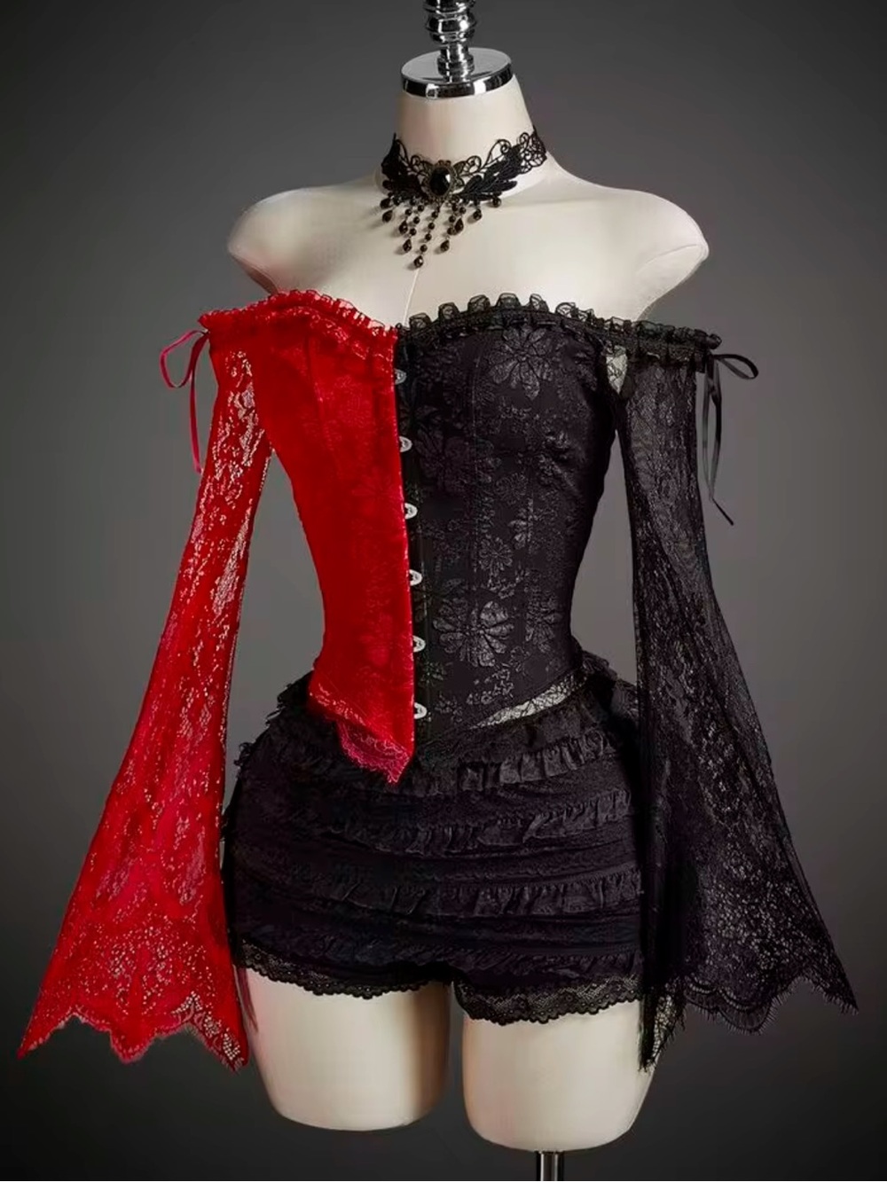 Two-Tone Gothic Lace Corset Top — Red & Black
